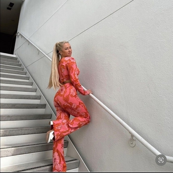 Zara Pants - Zara Pink Orange Floral Print Jacquard Crop Top Pants 2 Piece Set small